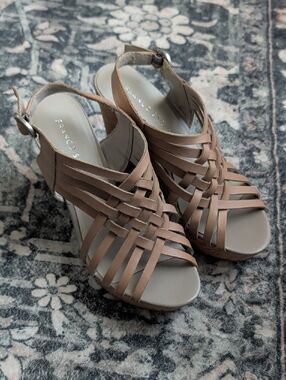 Franco Sarto Nude/Tan Woven Strappy Wedge Sandals